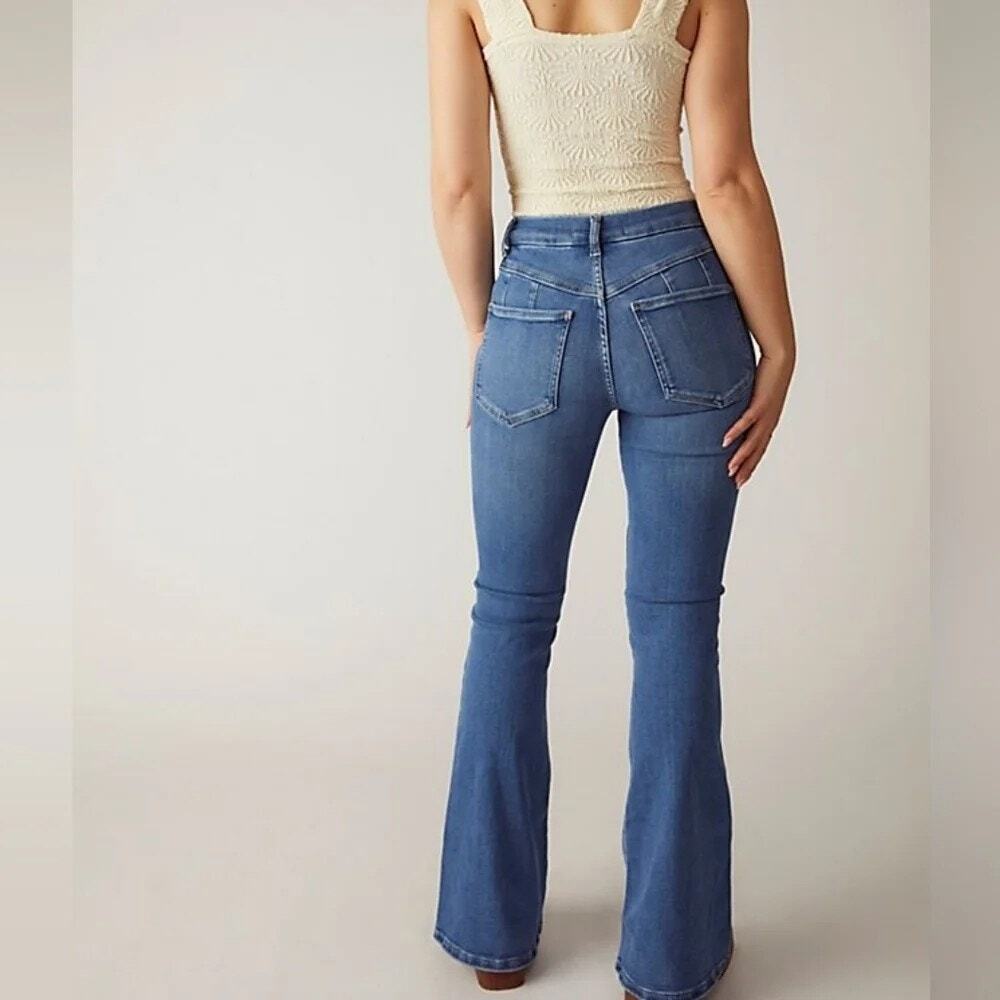 Free People We The Free CRVY Infinite Pull On Flare Jeans Blue NWT